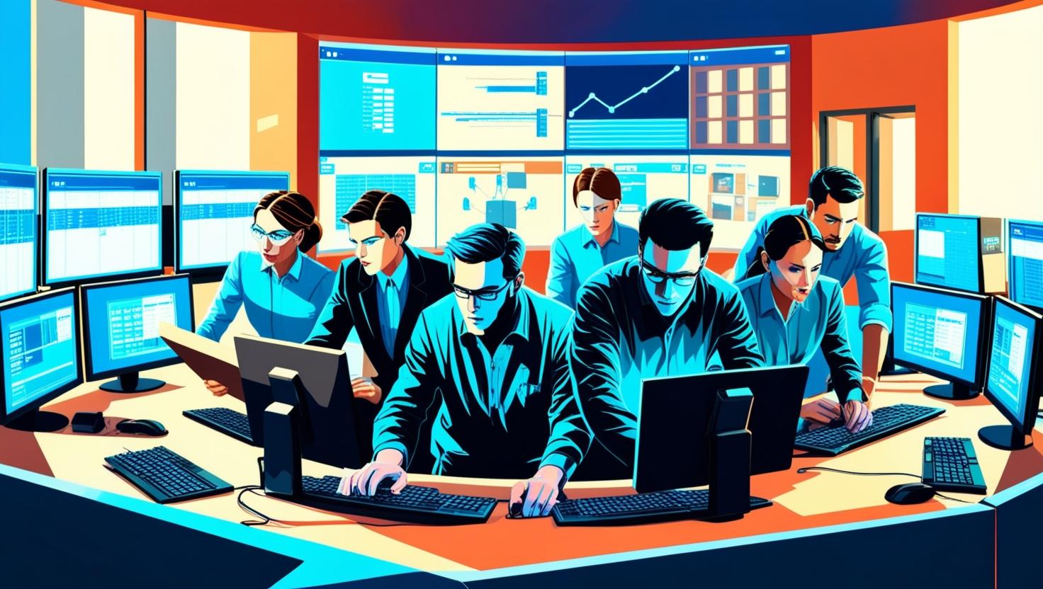 security experts auditing code in a command and control room